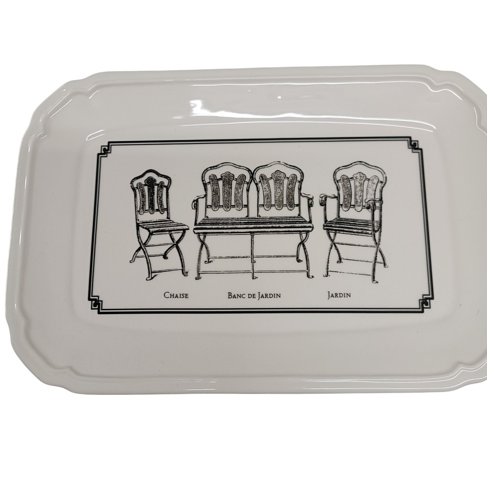 White Rectangular Serving Tray Decorative Platter‎ French Bistro Chairs Graphic